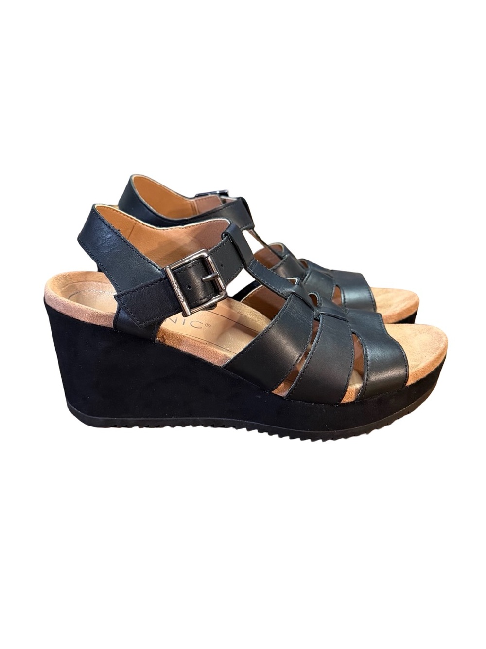 Vionic Tawny Platform Wedge Sandals Black Leather/Suede Women's Size 6